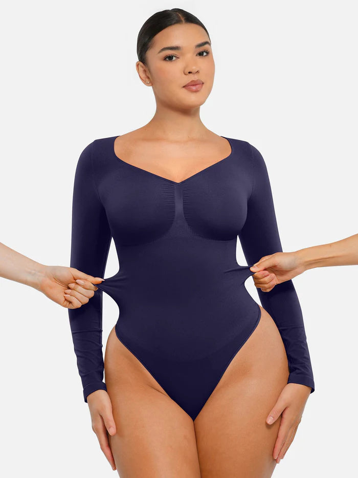 Wholesale Seamless Long Sleeve Chest Support Tummy Control Thong Bodysuit