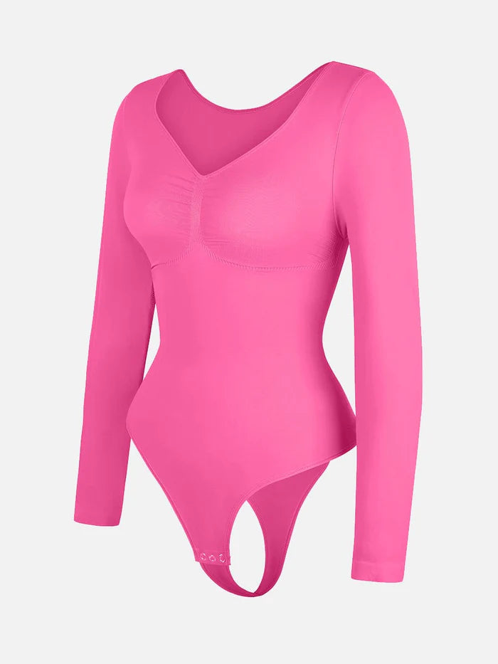 Wholesale Seamless Long Sleeve Chest Support Tummy Control Thong Bodysuit
