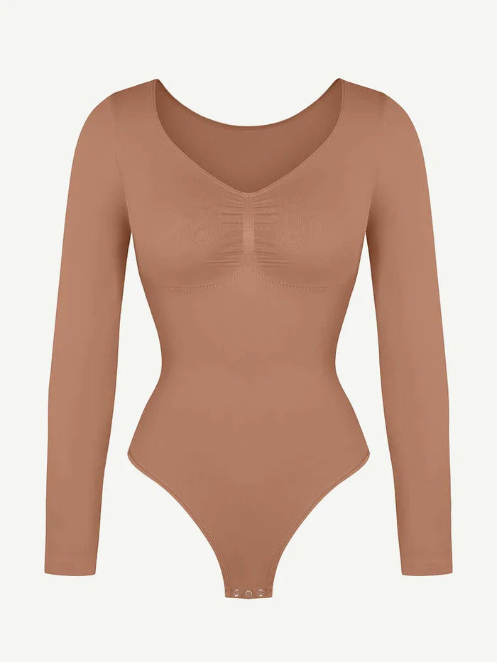 Wholesale Seamless Long Sleeve Chest Support Tummy Control Thong Bodysuit