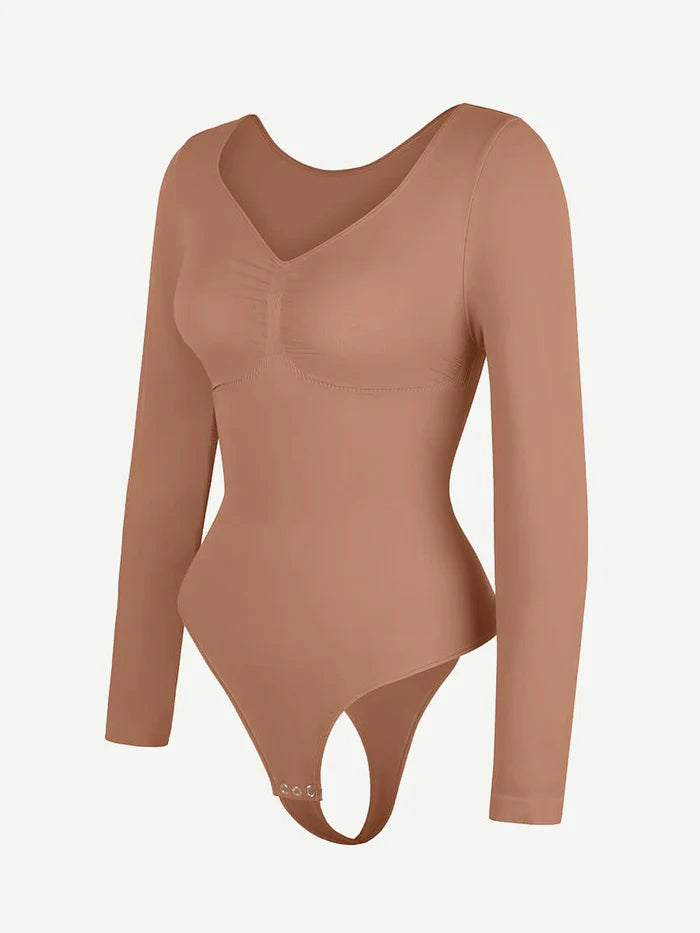 Wholesale Seamless Long Sleeve Chest Support Tummy Control Thong Bodysuit