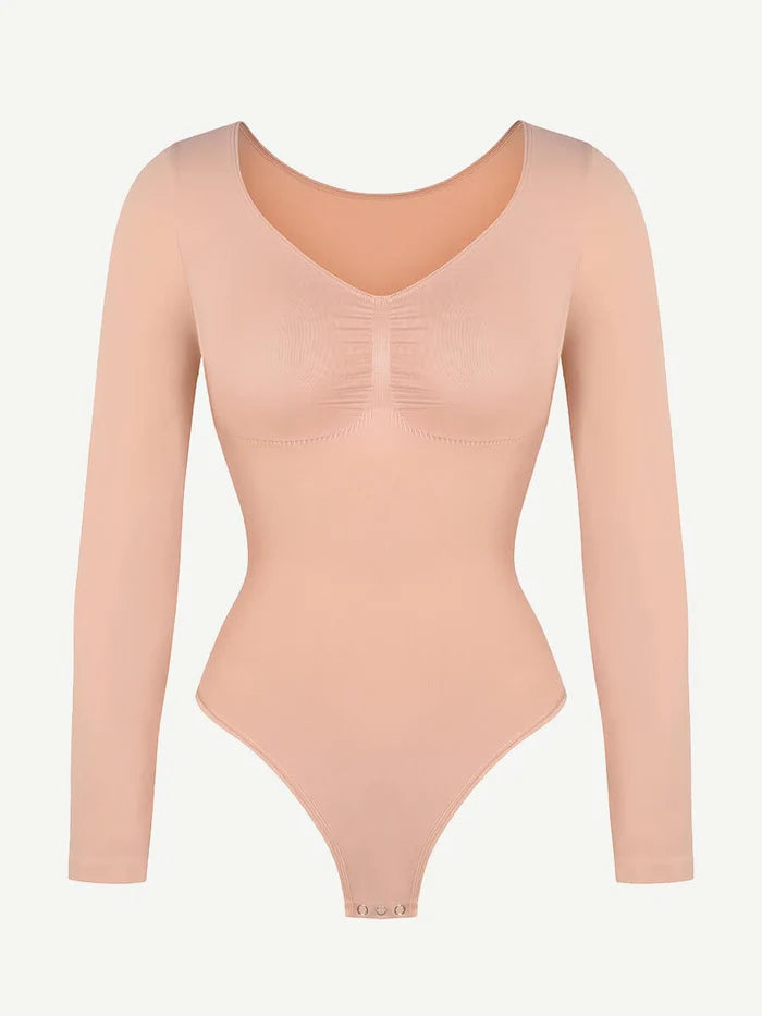 Wholesale Seamless Long Sleeve Chest Support Tummy Control Thong Bodysuit